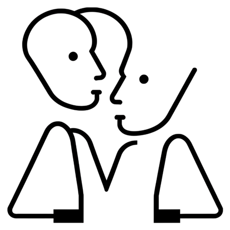 Minimalist black line icon of two abstract human figures facing each other, representing dialogue or connection.