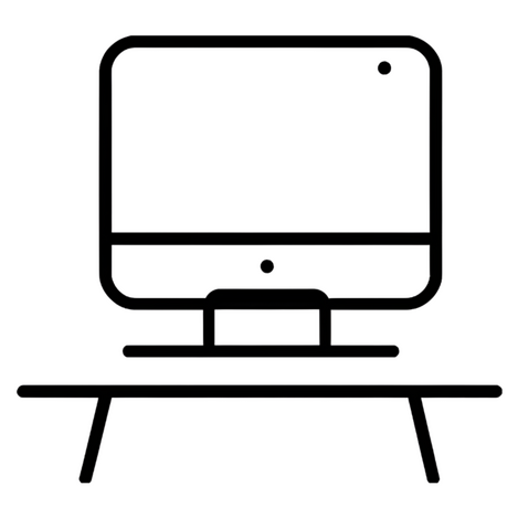 Minimalist icon of a desktop computer and monitor sitting on a table, representing online learning.