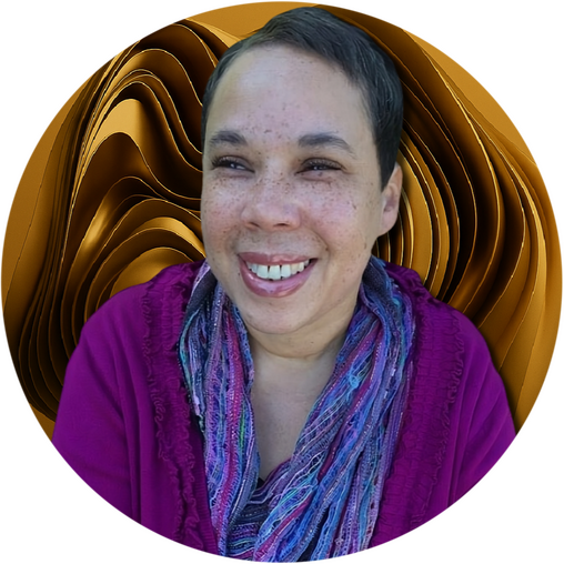 Smiling Black woman with fair skin and freckles (Amina Bliss) wearing a magenta sweater and multicolored scarf, in front of a gold abstract background.